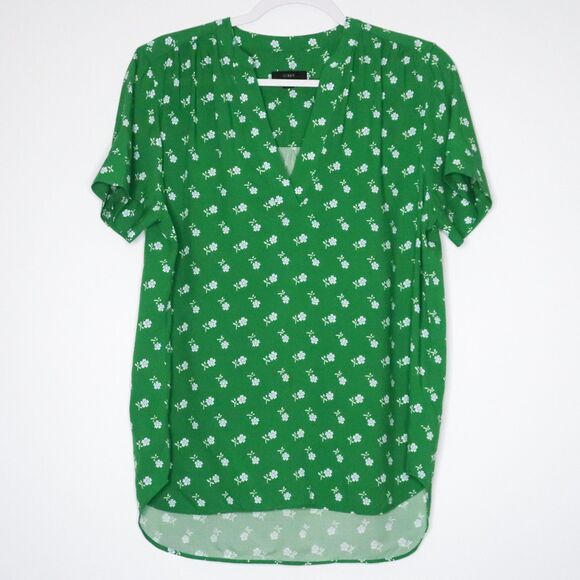 J.Crew Womens Blouse Size Small Green Floral Split V-neck Feminine Office Career - Picture 1 of 7